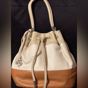 Brighton Elegant Tan and Cream Color block Drawstring Bucket Bag